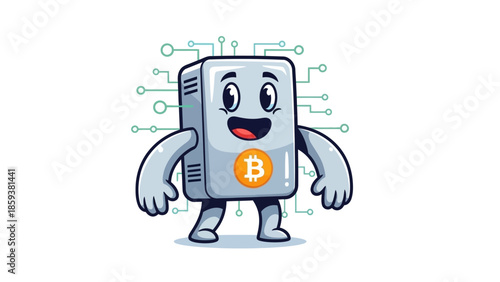 Friendly computer mascot with Bitcoin symbol on chest standing confidently