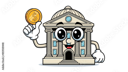 Friendly bank building character holding dollar coin smiling