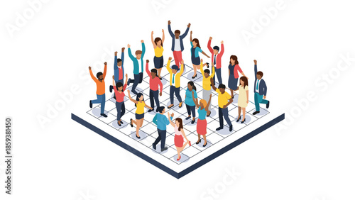 Isometric business team celebrating success with high five gesture on white background