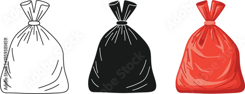 Collection of trash bag icons in outline black silhouette and red color simple vector graphics for waste management concepts
