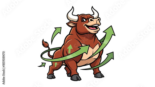 Smiling bull with green arrows indicating growth and success