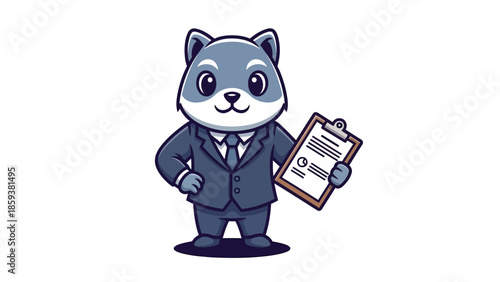 Cute cartoon raccoon in business suit holding clipboard confidently
