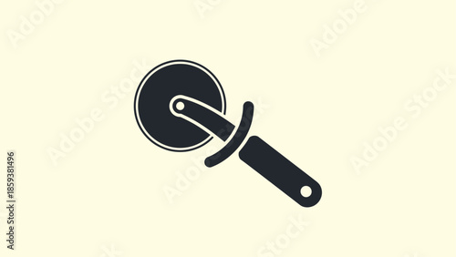 A monochrome illustration of a pizza cutter against a muted yellow background