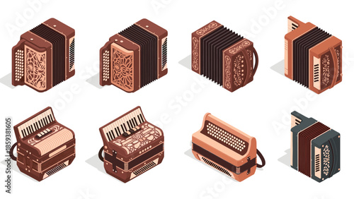 Isometric accordion set: classic musical instrument collection