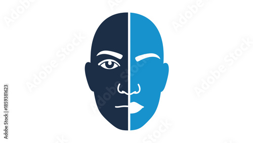 A human face, bisected with dark blue and light blue. One side open-eyed, the other winks