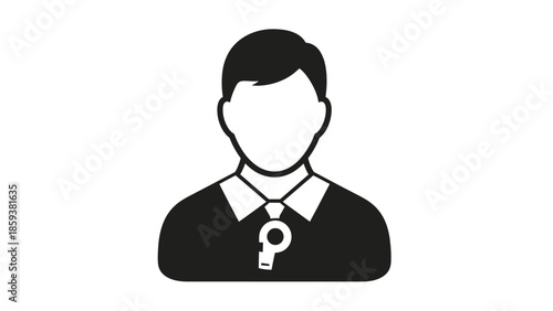 Black and white illustration of a figure with a whistle. Icon depicts referee or official