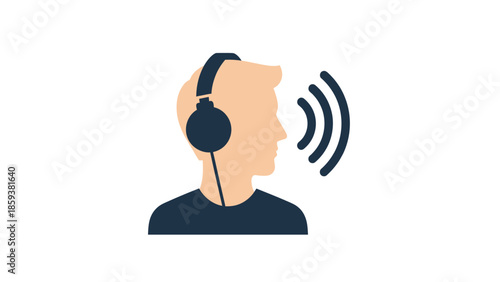 Illustration of a person wearing headphones, with sound waves emanating from their face