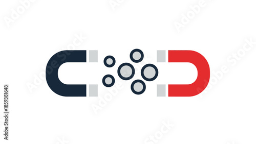 Stylized illustration of a magnet attracting particles, depicted with contrasting colors and simplistic shapes