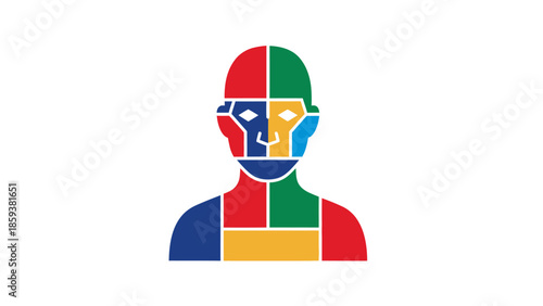 Geometric human form depicted in vibrant color blocks against a white background
