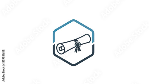 A stylized icon featuring a diploma within a hexagon, symbolizing education or achievement