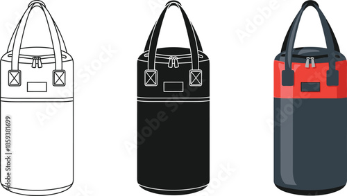 Set of three punching bag illustrations outline silhouette and colored vector graphics for fitness and boxing concepts isolated on white