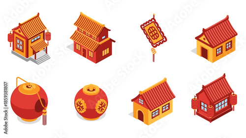 Traditional asian architecture and lanterns in isometric design