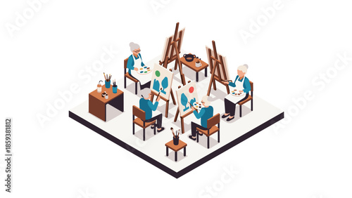 Seniors enjoying art class in isometric style with easels and paints