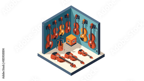 Isometric room filled with violins and violas in a music store setting