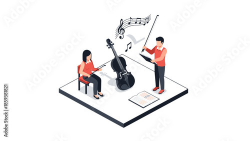 Isometric orchestra rehearsal scene with musicians and musical notes