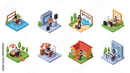 Isometric scenes of musicians performing in various outdoor and indoor setups