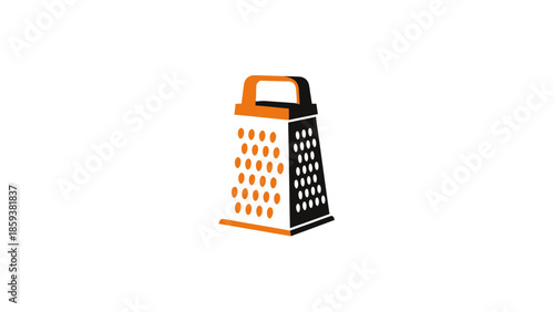 A stylized illustration of a kitchen grater, rendered in orange and black against a white backdrop