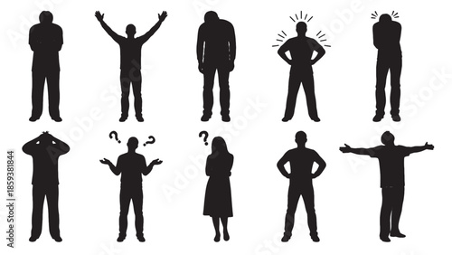 A diverse group of human silhouettes expresses various emotions and actions, including confusion, frustration, joy, and sadness.