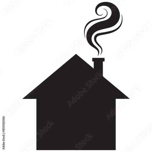Simple black house icon with smoke coming out of chimney