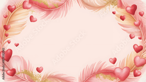 Luxury Watercolor Valentines Day Background with Gold Glitter and Hearts, Artistic Valentine Frame Design with Hand Painted Hearts and Copy Space, Romantic Heart Border with Soft Pink Feathers and Gol