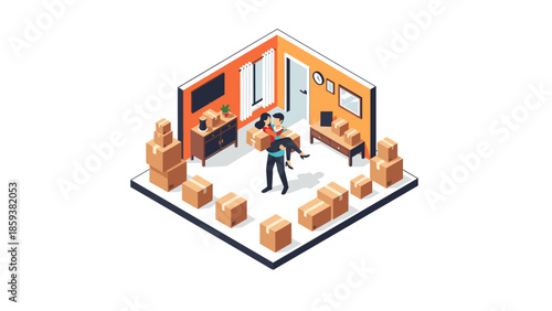 Isometric room with packed boxes and couple moving into new home