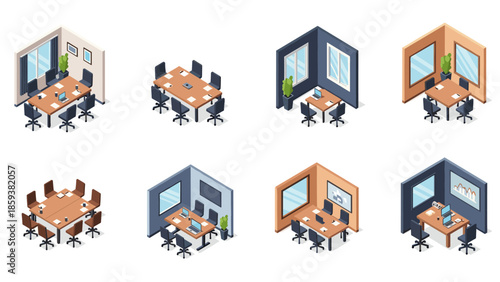 Isometric office designs with furniture in various layouts and color themes