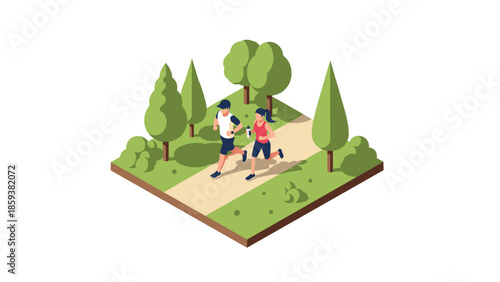 Isometric couple jogging in park with trees