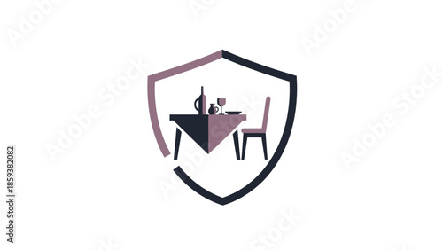 A geometric shield encases a table set for dining, featuring wine, plates, a chair, and a pitcher