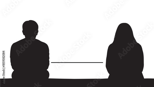 Two human silhouettes sit facing apart with a clear line symbolizing social distance or emotional separation between them.