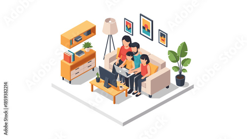 Family gathering in cozy living room with modern interior design and technology