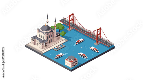 Isometric cityscape with iconic bridge and boats on water