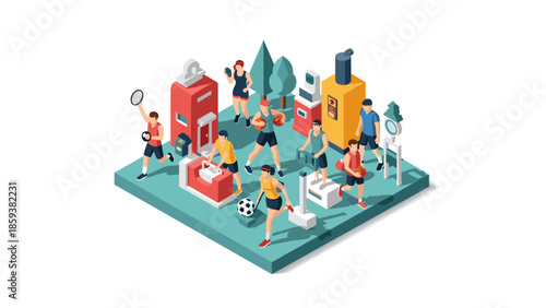 Isometric sports activities on outdoor court with active athletes and equipment