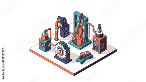 Isometric mechanical orchestra with gears and pipes