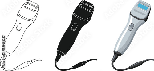 Collection of electric shaver illustrations including outline silhouette and realistic styles isolated on white background for grooming or personal care concepts