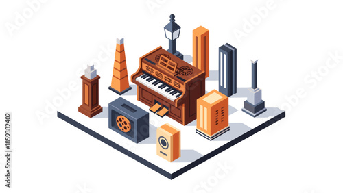 Isometric retro organ and speaker collection with abstract geometric shapes