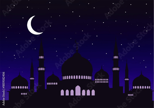 Vector flat design illustration of a mosque silhouette under a crescent moon and starry night sky with a deep blue gradient background.