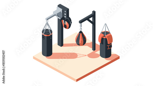 Isometric boxing training equipment set on platform with punching bags and gloves