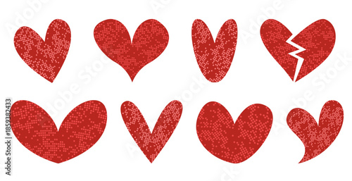Set of red glitter heart shapes, classic and a broken, isolated on white background. Vector illustration for Valentine’s Day, love cards, decorations and romantic design 