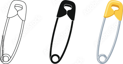 Set of safety pins outline black and yellow vector illustrations for design and crafting isolated on white background