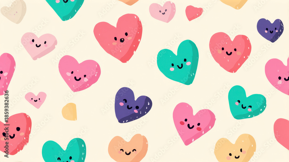 Fototapeta premium Cute seamless pattern with smiling cartoon hearts in pastel colors creating a playful valentine background