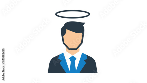 A vector illustration depicts a suited male figure with a halo above his head