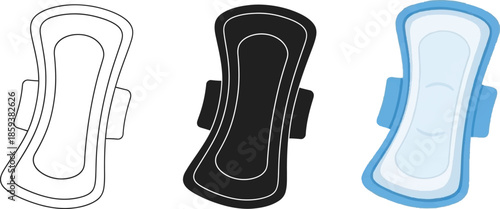 Set of sanitary napkin icons including outline silhouette and colored vector illustrations for feminine hygiene and healthcare concepts