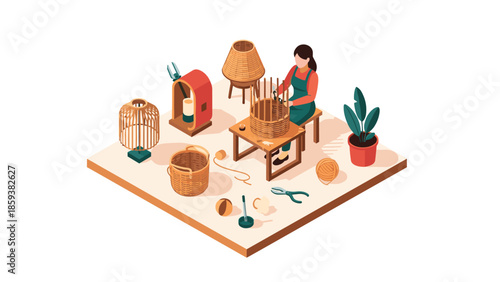 Isometric artisanal basket weaving scene with tools and wicker baskets