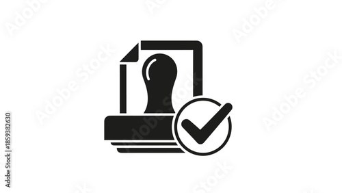 A black and white vector graphic of a document stamp with a checkmark