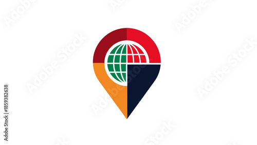 A colorful logo featuring a globe within a location pin, made of multiple colored segments
