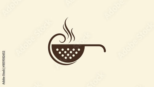 A brown colander with steam rising, on a cream background