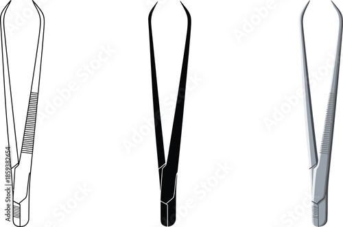 Set of three different tweezers including outline silhouette and realistic rendering isolated on white background for medical or laboratory use
