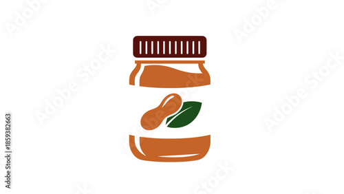 Stylized jar of peanut butter with peanut and leaf icons on a white background