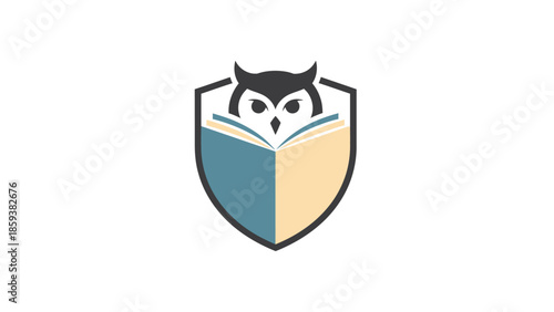 A minimalist logo featuring an owl within a shield, open book below, in blue, tan, & black