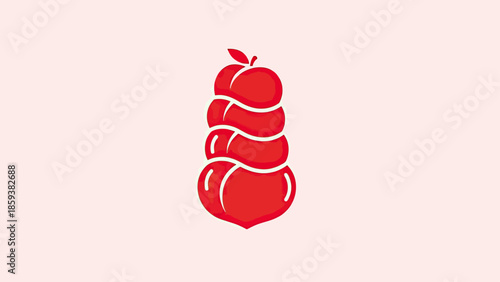 A stylized red fruit design with stacked sections on a light pink background